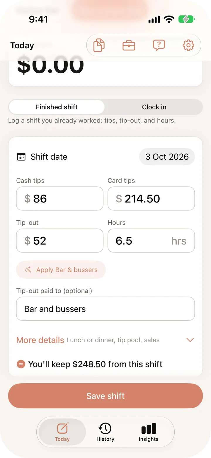 TipHarbor logging a shift: $86 cash, $214.50 card, $52 tip-out, 6.5 hours. It shows You'll keep $248.50 from this shift.